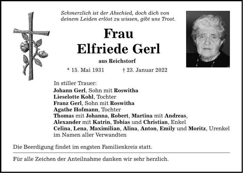 Traueranzeige Elfriede Gerl