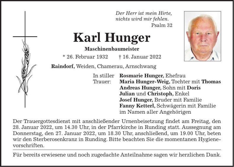 Traueranzeige Karl Hunger