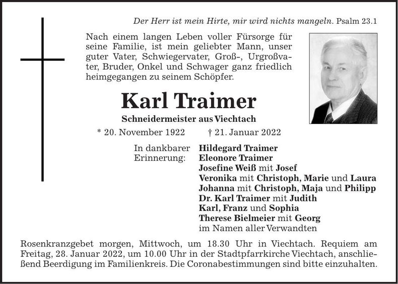 Traueranzeige Karl Traimer