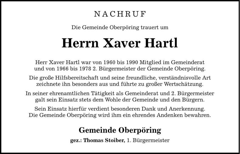 Traueranzeige Xaver Hartl