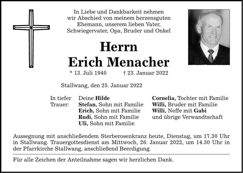 Traueranzeige Erich Menacher