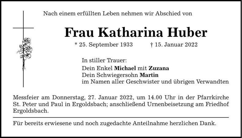 Traueranzeige Katharina Huber