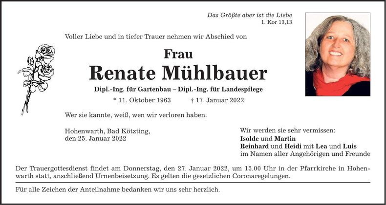 Traueranzeige Renate Mühlbauer