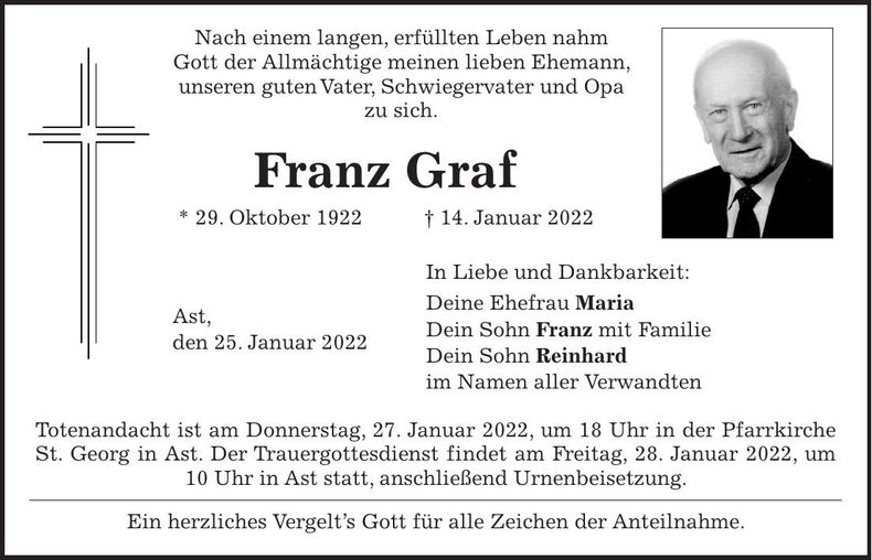 Traueranzeige Franz Graf