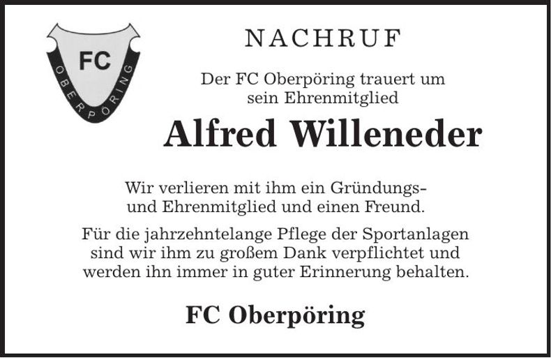 Traueranzeige Alfred Willeneder
