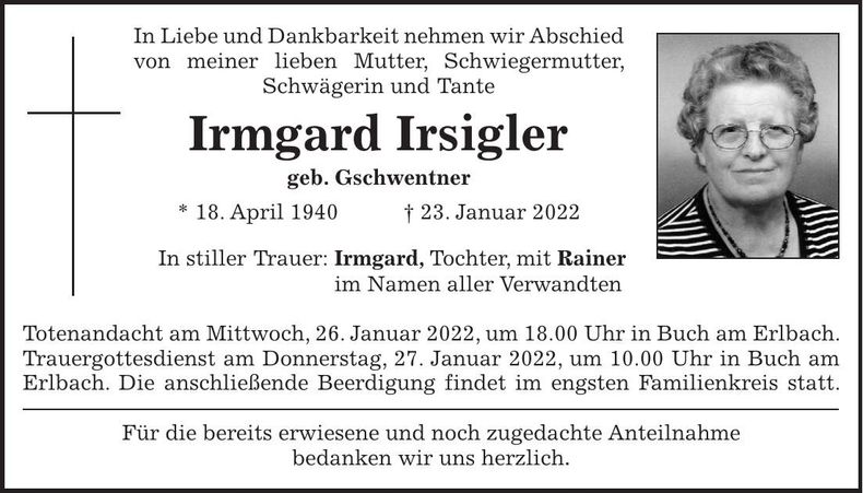Traueranzeige Irmgard Irsigler