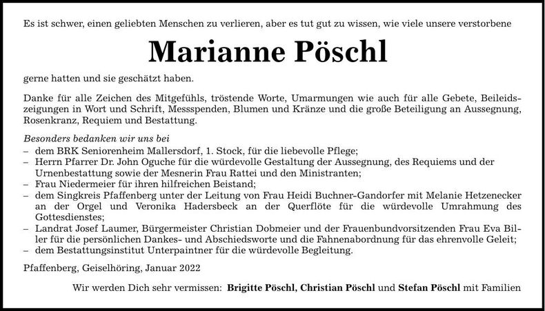 Traueranzeige Marianne Pöschl