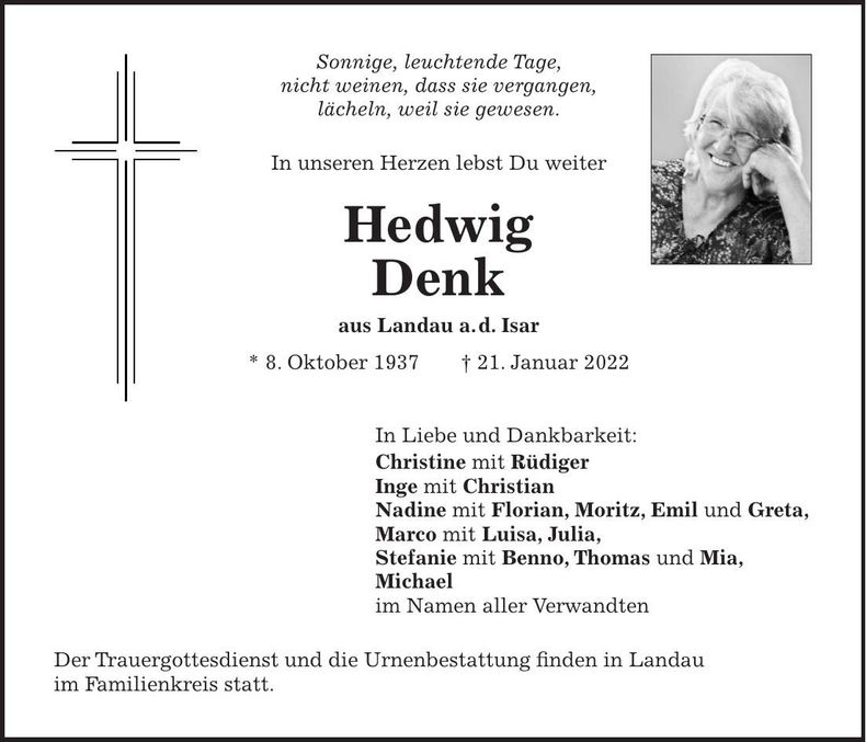 Traueranzeige Hedwig Denk