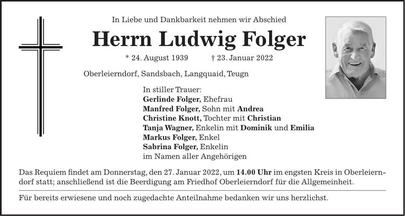 Traueranzeige Ludwig Folger