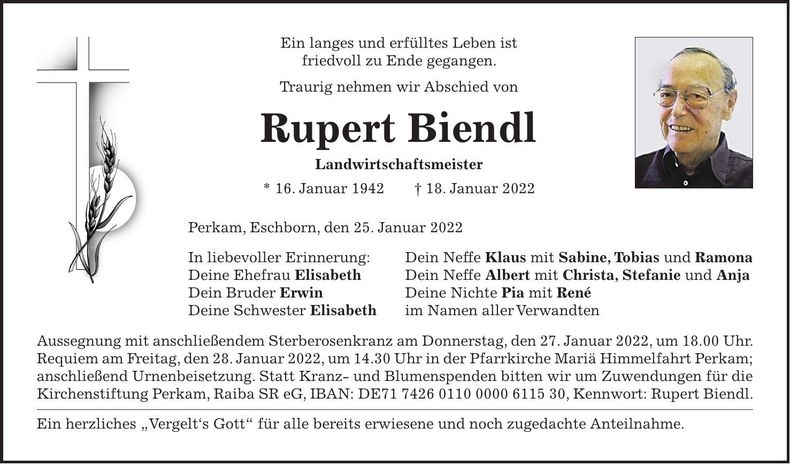 Traueranzeige Rupert Biendl