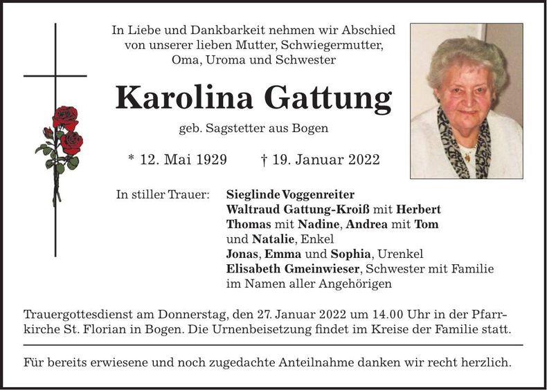 Traueranzeige Karolina Gattung