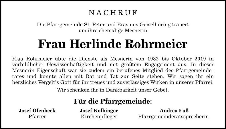 Traueranzeige Herlinde Rohrmeier