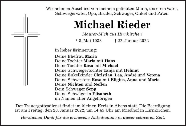 Traueranzeige Michael Rieder