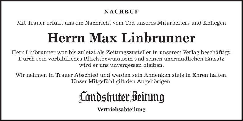 Traueranzeige Max Linbrunner