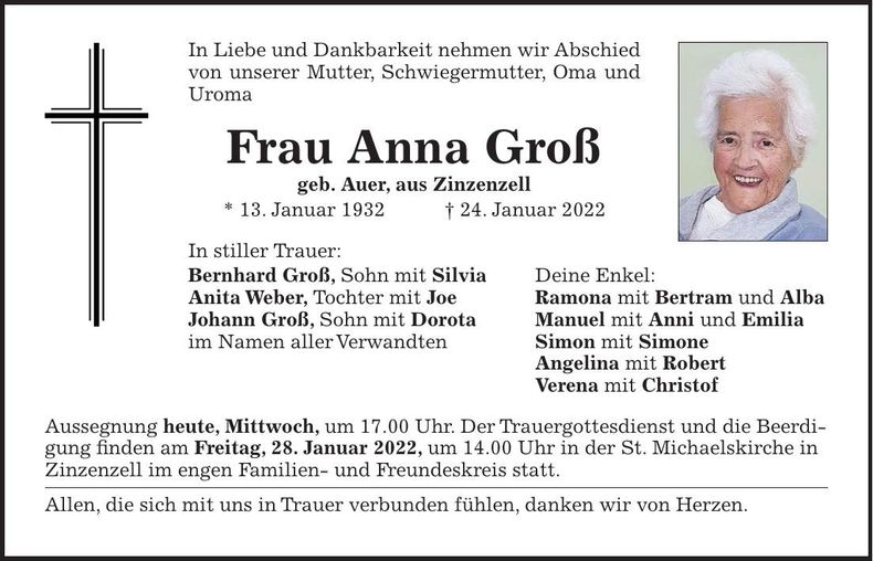Traueranzeige Anna Gross