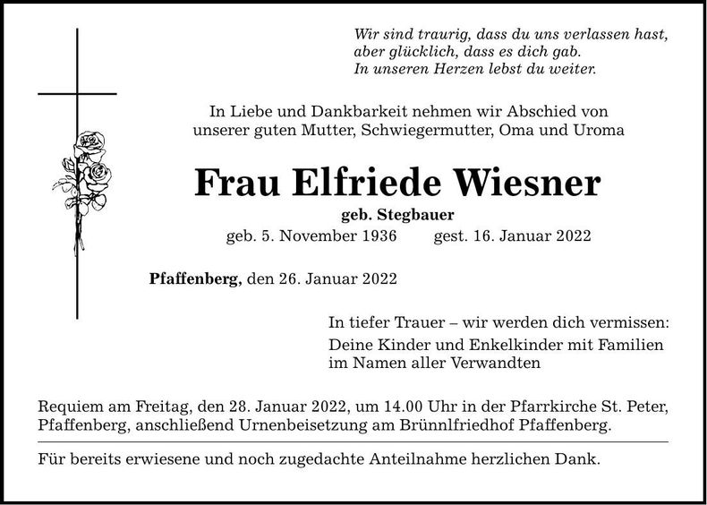 Traueranzeige Elfriede Wiesner