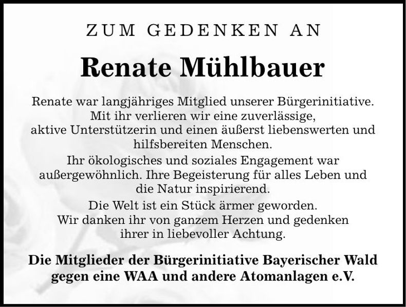 Traueranzeige Renate Mühlbauer