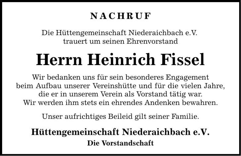 Traueranzeige Heinrich Fissel