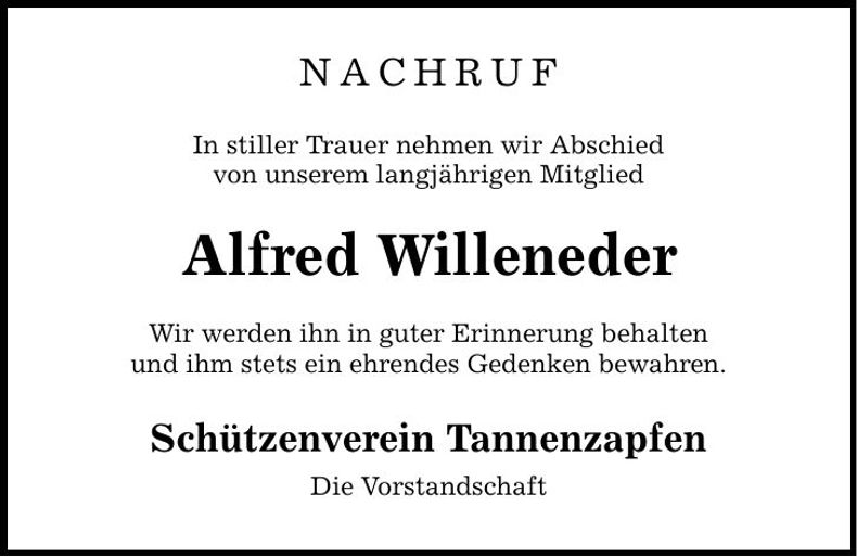 Traueranzeige Alfred Willeneder