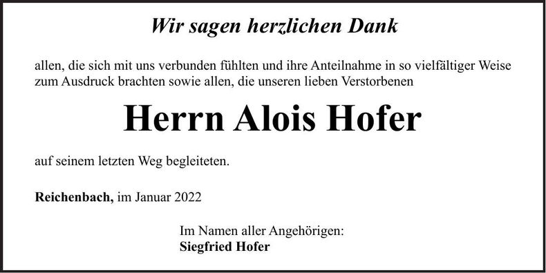Traueranzeige Alois Hofer