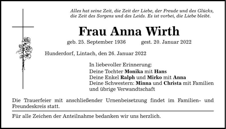 Traueranzeige Anna Wirth