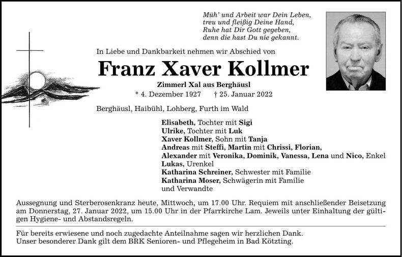 Traueranzeige Franz Xaver Kollmer