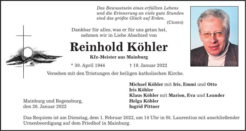 Traueranzeige Reinhold Köher