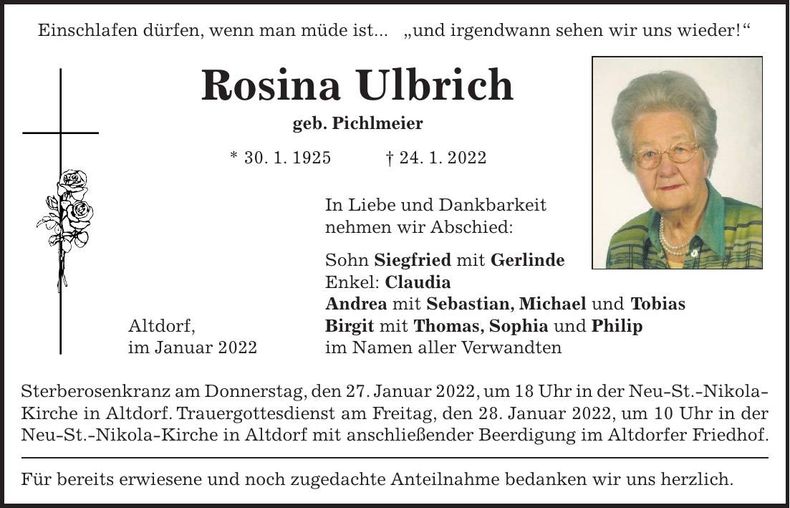 Traueranzeige Rosina Ulrich