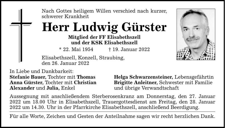 Traueranzeige Ludwig Gürster