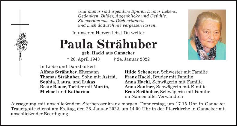 Traueranzeige Paula Strähuber