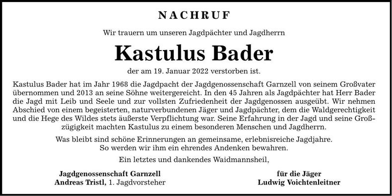 Traueranzeige Kastulus Bader