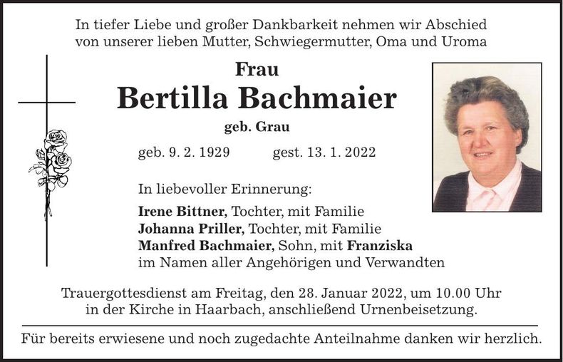 Traueranzeige Bertilla Bachmaier