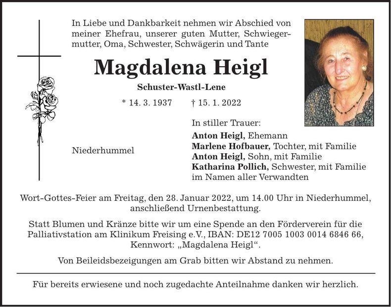 Traueranzeige Magdalena Heigl