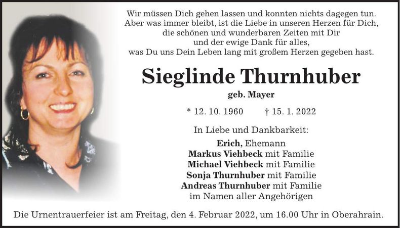 Traueranzeige Sieglinde Thurnhuber