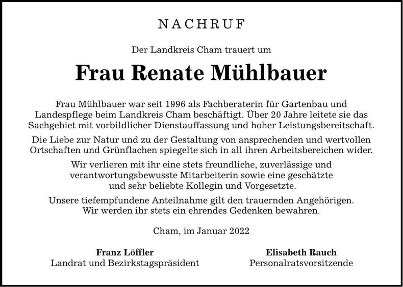 Traueranzeige Renate Mühlbauer