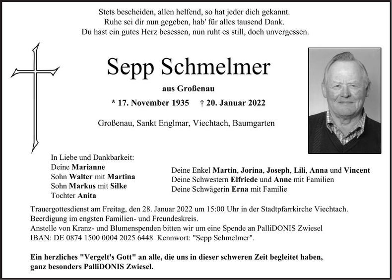 Traueranzeige Sepp Schmelmer