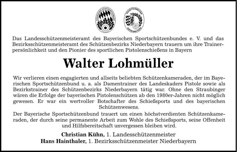 Traueranzeige Walter Lohmüller