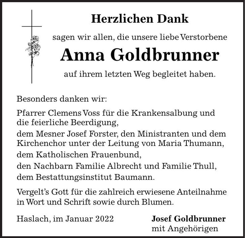Traueranzeige Anna Goldbrunner