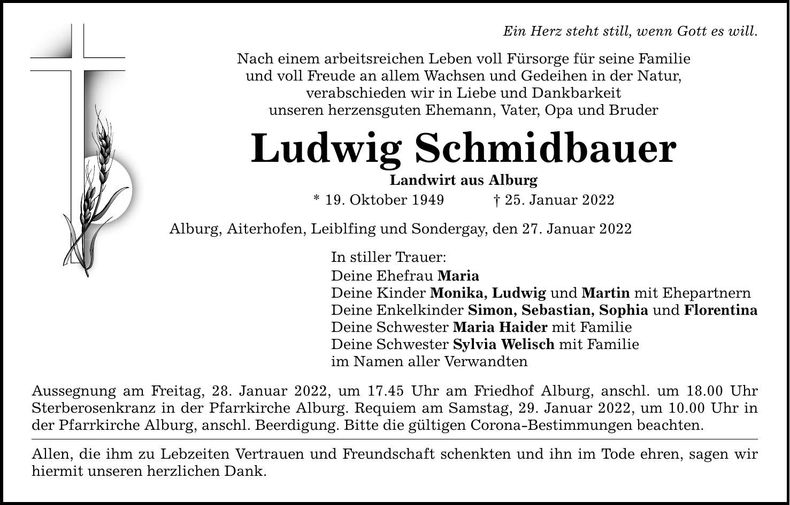 Traueranzeige Ludwig Schmidbauer