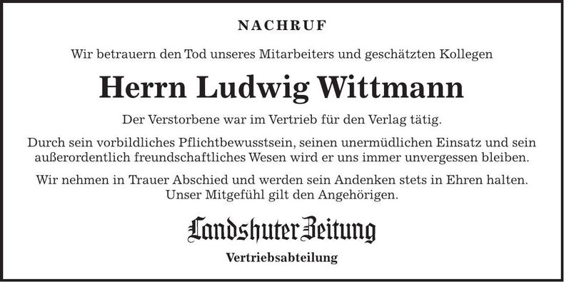 Traueranzeige Ludwig Wittmann