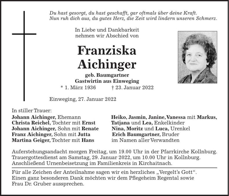 Traueranzeige Franziska Aichinger