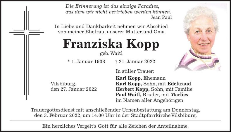 Traueranzeige Franziska Kopp