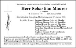 Traueranzeige Sebastian Maurer