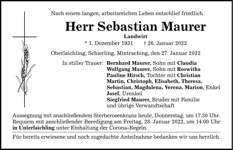 Traueranzeige Sebastian Maurer