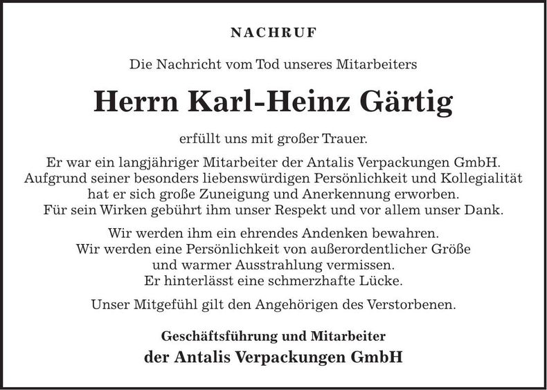 Traueranzeige Karl-Heinz Gärtig