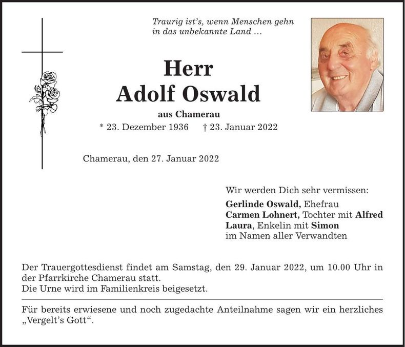 Traueranzeige Adolf Oswald