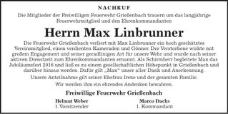 Traueranzeige Max Linbrunner