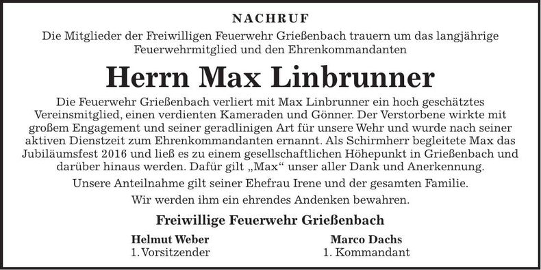 Traueranzeige Max Linbrunner