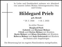 Traueranzeige Hildegard Prieb