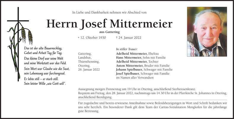 Traueranzeige Josef Mittermeier